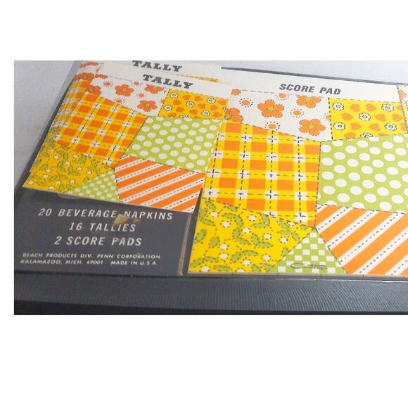 Vintage Contempo Bridge Set Patchwork Psychedelic Napkins Tallies Score Cards - Picture 6 of 8